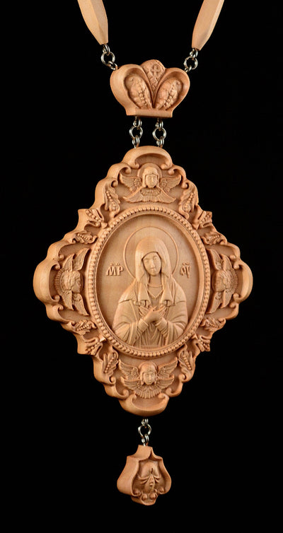 MOTHER OF GOD TENDERNESS PANAGIA #2 WOODEN CARVED ENGOLPION