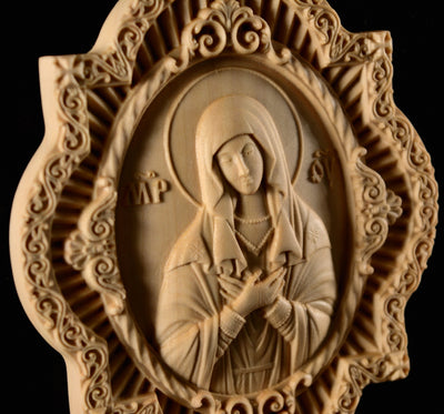 MOTHER OF GOD TENDERNESS PANAGIA #3 WOODEN CARVED ENGOLPION