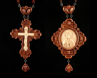 SET FOR BISHOP PECTORAL CROSS AWARD #2 CRUCIFIX & GOD ALMIGHTY PANAGIA #2 WOOD CARVED ENGOLPION FOR BISHOPS