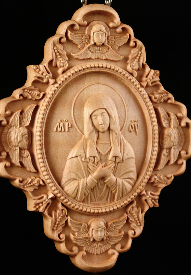 VIRGIN MARY TENDERNESS WOODEN PANAGIA ENGOLPION 