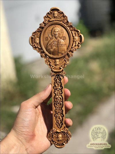 COPTIC HAND BLESSING CROSS WOODEN CARVED GOD ALMIGHTY VIRGIN MARY TWO-SIDED CHRISTIAN CROSS