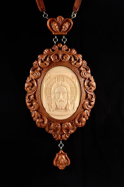 HOLY FACE PANAGIA #1 WOODEN CARVED ENGOLPION FOR BISHOP