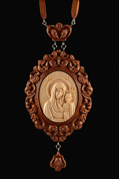 OUR LADY OF KAZAN PANAGIA #1 WOODEN CARVED ENGOLPION
