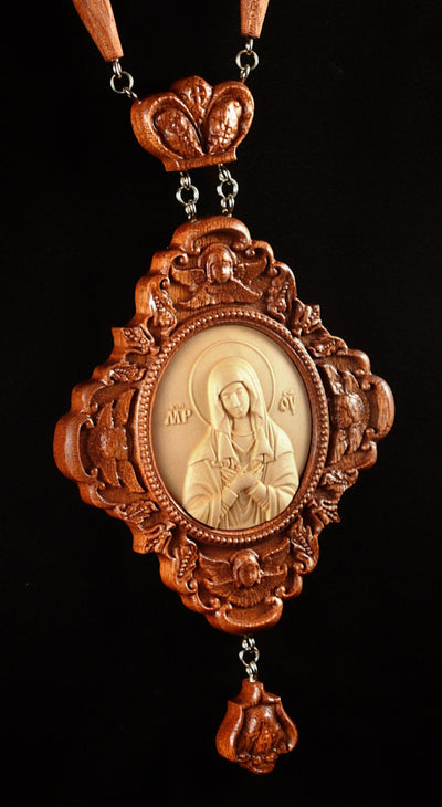 MOTHER OF GOD TENDERNESS #2 WOODEN CARVED PANAGIA ENGOLPION