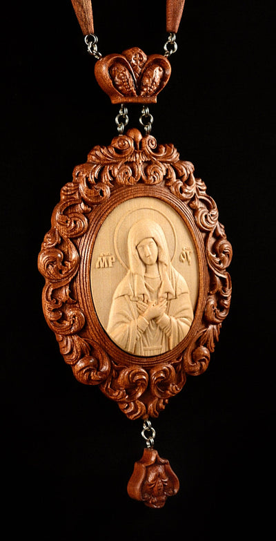 MOTHER OF GOD TENDERNESS PANAGIA #1 WOODEN CARVED ENGOLPION 