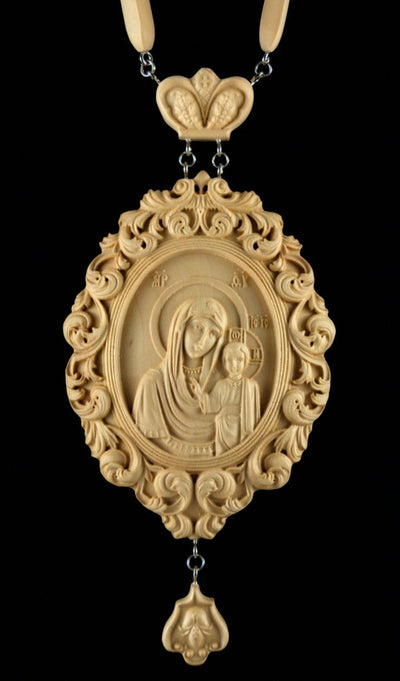 OUR LADY OF KAZAN PANAGIA #1 WOODEN CARVED ENGOLPION FOR BISHOPS