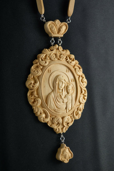 OUR LADY OF KAZAN PANAGIA #1 WOODEN CARVED ENGOLPION