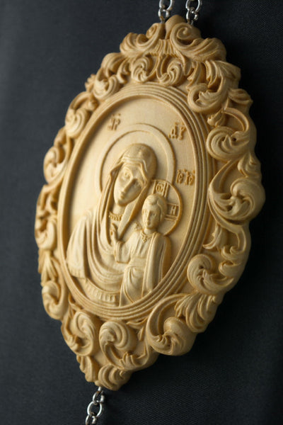 OUR LADY OF KAZAN PANAGIA #1 WOODEN ENGOLPION FOR BISHOPS