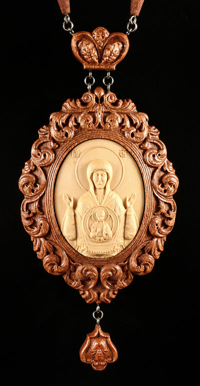 OUR LADY OF THE SIGN PANAGIA #1 WOODEN CARVED ENGOLPION FOR BISHOPS