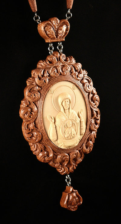 OUR LADY OF THE SIGN PANAGIA #1 WOODEN CARVED ENGOLPION