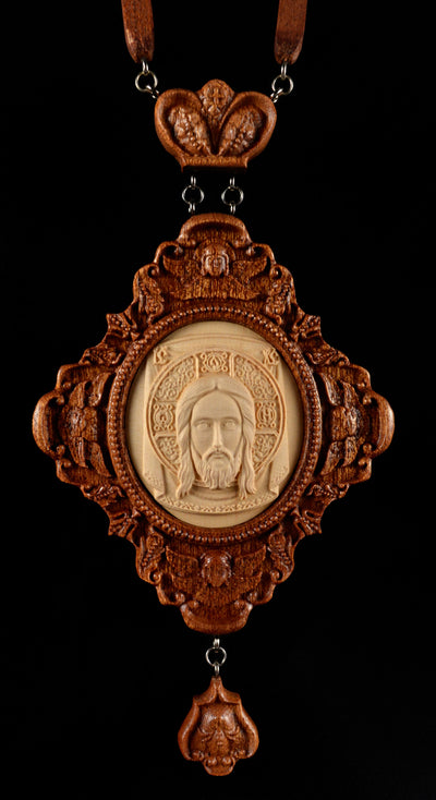HOLY FACE PANAGIA #2 WOODEN CARVED ENGOLPION FOR BISHOPS