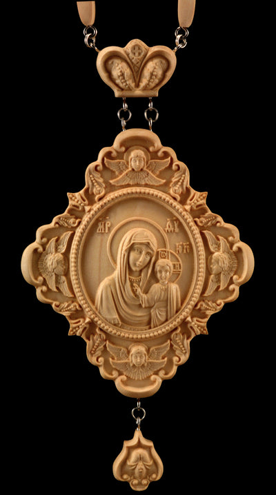 OUR LADY OF KAZAN PANAGIA #2 WOODEN CARVED ENGOLPION FOR BISHOPS